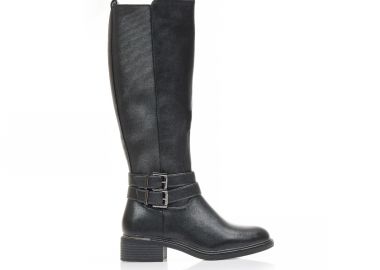 Μπότες μαύρες δερματίνη με λάστιχο και διακοσμητικά λουράκια με αγκράφες ΜΑΥΡΟ - Tsoukalas - 