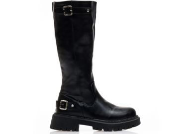 Μπότες μαύρες δερματίνη με λουράκια και φερμουάρ ΜΑΥΡΟ - Tsoukalas - 