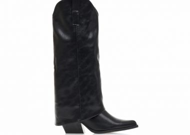 Μπότες μαύρες δερματίνη με μυτερό τελείωμα και χοντρό τακούνι ΜΑΥΡΟ - Tsoukalas - 