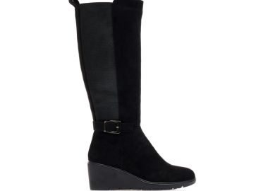 Μπότες μαύρες πλατφόρμα σουέτ με λάστιχο και αγκράφα ΜΑΥΡΟ - Tsoukalas - 