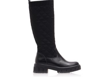 Μπότες μαύρες υφασμάτινες και δερματίνη με πλεκτό σχέδιο ΜΑΥΡΟ - Tsoukalas - 