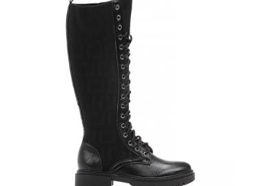 Μπότες μαύρες υφασμάτινες και δερματίνη με πλεκτό σχέδιο ΜΑΥΡΟ - Tsoukalas - 