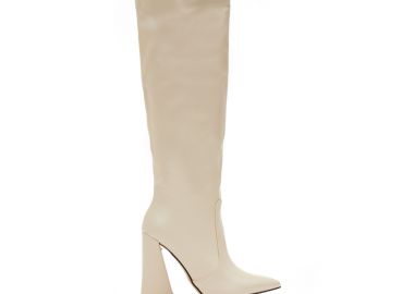 Μπότες μπεζ δερματίνη με τριγωνικό τακούνι ΜΠΕΖ - Tsoukalas - 