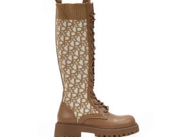 Μπότες πούρο δερματίνη με κορδόνια και πλεκτό σχέδιο ΠΟΥΡΟ - Tsoukalas - 