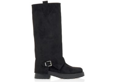 Μπότες σουέτ με εφέ αναδίπλωσης και αγκράφα ΜΑΥΡΟ - Tsoukalas - 