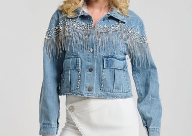 Μπουφάν Τζιν Crop Με Πέρλες & Κρυστάλλινα Κρόσσια -  - 