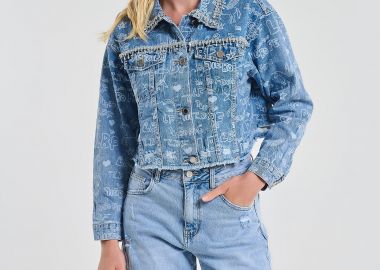 Μπουφάν Τζιν Cropped Με Print & Στρας Λεπτομέρειες -  - 
