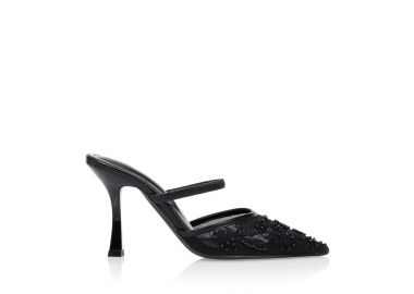 Mule γόβες με λουλούδια και χάντρες ΜΑΥΡΟ - Tsoukalas - 