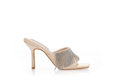 Mules μπεζ σατέν με φάσα από στρας και ιδιαίτερο τακούνι ΜΠΕΖ - Tsoukalas - 