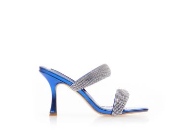 Mules μπλε μεταλλιζέ δερματίνη με διπλή φάσα από στρας ΜΠΛΕ - Tsoukalas - 
