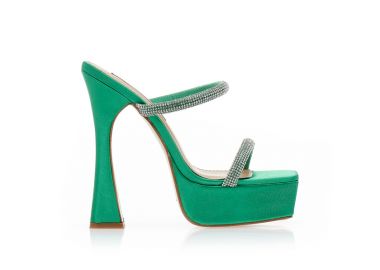 Mules πράσινα σατέν με διπλή φάσα από στρας και ιδιαίτερο τακούνι ΠΡΑΣΙΝΟ - Tsoukalas - 