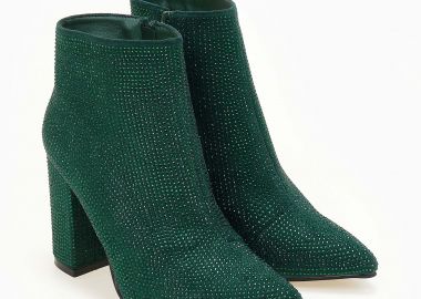 Μυτερά μποτάκια με στρας και χοντρό τακούνι - Πράσινο - Issue - 