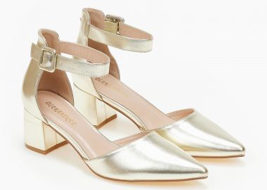 Μυτερές γόβες με μπαρέτα και χοντρό τακούνι - Χρυσό - Issue - 