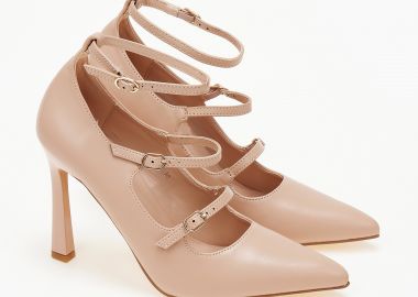 Μυτερές γόβες με ψηλό τακούνι και μπαρέτες - Μπεζ - Issue - 