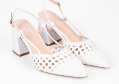 Μυτερές γόβες open heel με χοντρό τακούνι και πλεκτό σχέδιο - Λευκό - Issue - 