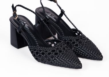 Μυτερές γόβες open heel με χοντρό τακούνι και πλεκτό σχέδιο - Μαύρο - Issue - 