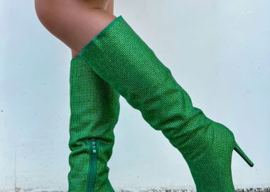 Μυτερές μπότες με στρας και λεπτό τακούνι - Πράσινο - Issue - 