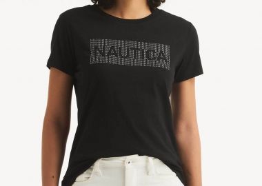 Nautica γυναικείο T-shirt με λογότυπο από στρας Classic Fit - 38V107 Μαύρο - NAUTICA - 