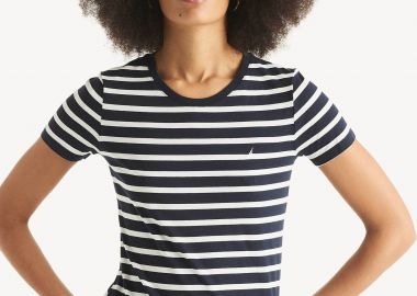 Nautica γυναικείο T-shirt με ριγέ σχέδιο και κεντημένο λογότυπο Classic Fit - 37V010 Μπλε Σκούρο - NAUTICA - 