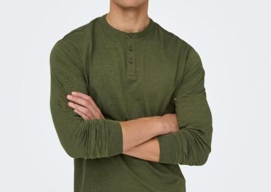 Only and Sons Henley Ανδρική Regular Fit Μακρυμάνικη Μπλούζα 22036881 Λαδί - Only and Sons - 
