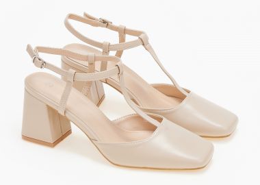 Open heel γόβες σε καρέ γραμμή με χοντρό τακούνι - Μπεζ - Issue - 