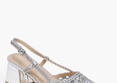 Open heel μυτερές γόβες με χοντρό τακούνι και πλεκτό σχέδιο - Ασημί - Issue - 