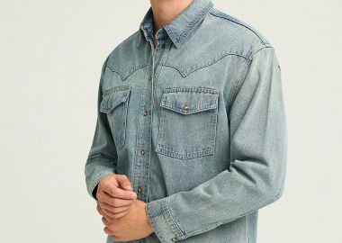 Oversized τζιν ανδρικό πουκάμισο με τσέπες στο στήθος - FUNKY BUDDHA - 