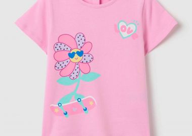 OVS βρεφικό T-shirt με diamantes και skater flower print - 002199586 Ροζ - OVS KIDS - 