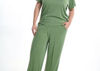 Παντελόνα plus size cupro με νερβιρ σε λαδί χρώμα -  - 