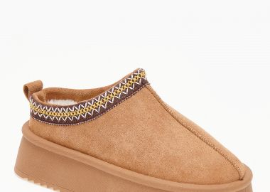 Παντόφλες δίσολες με κέντημα και εσωτερική γούνα - Κάμελ - Issue - 