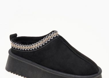 Παντόφλες δίσολες με κέντημα και εσωτερική γούνα - Μαύρο - Issue - 