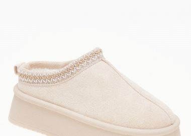 Παντόφλες δίσολες με κέντημα και εσωτερική γούνα - Μπεζ - Issue - 