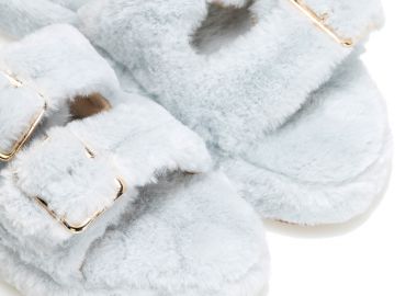 Παντόφλες γαλάζιες γούνινες με διπλό λουράκι και αγκράφα ΓΑΛΑΖΙΟ - Tsoukalas - 