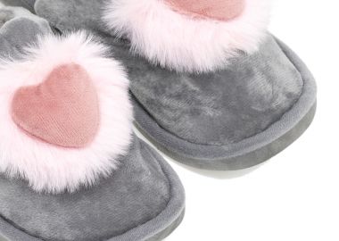 Παντόφλες γκρι σουέτ με γούνα σχέδιο ροζ καρδιά ΓΚΡΙ - Tsoukalas - 