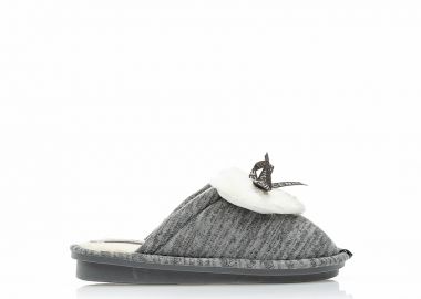 Παντόφλες γκρι υφασμάτινες με γούνινο σχέδιο καρδιά και φιόγκο ΓΚΡΙ - Tsoukalas - 