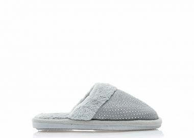 Παντόφλες γκρι υφασμάτινες με στρας και γουνάκι ΓΚΡΙ - Tsoukalas - 