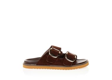 Παντόφλες καφέ σουέτ με χρυσές αγκράφες ΚΑΦΕ - Tsoukalas - 