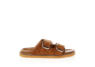 Παντόφλες κάμελ σουέτ με χρυσές αγκράφες ΚΑΜΕΛ - Tsoukalas - 