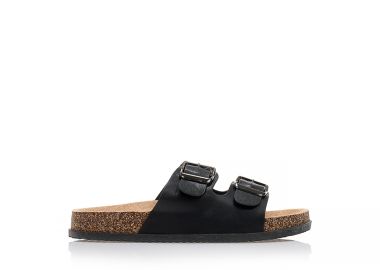 Παντόφλες μαύρες δερματίνη με διπλή φάσα και αγκράφες ΜΑΥΡΟ - Tsoukalas - 