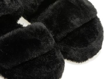 Παντόφλες μαύρες γούνινες χιαστί με λάστιχο ΜΑΥΡΟ - Tsoukalas - 