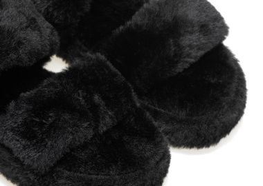 Παντόφλες μαύρες γούνινες με διπλή φάσα και λάστιχο ΜΑΥΡΟ - Tsoukalas - 