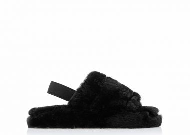 Παντόφλες μαύρες γούνινες με λάστιχο ΜΑΥΡΟ - Tsoukalas - 