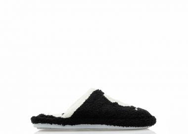 Παντόφλες μαύρες γούνινες με λευκές λεπτομέρειες ΜΑΥΡΟ - Tsoukalas - 