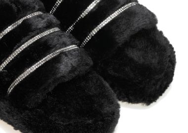 Παντόφλες μαύρες γούνινες με στρας και λάστιχο ΜΑΥΡΟ - Tsoukalas - 