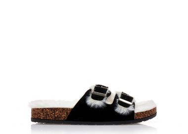 Παντόφλες μαύρες σουέτ με γούνα και διπλή ρυθμιζόμενη φάσα ΜΑΥΡΟ - Tsoukalas - 