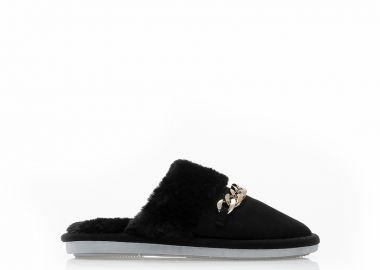 Παντόφλες μαύρες σουέτ με γουνάκι και διακοσμητική αλυσίδα ΜΑΥΡΟ - Tsoukalas - 