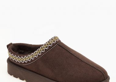 Παντόφλες με γούνα και κέντημα - Καφέ - Issue - 