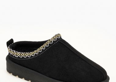 Παντόφλες με γούνα και κέντημα - Μαύρο - Issue - 