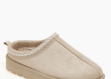 Παντόφλες με γούνα και κέντημα - Μπεζ - Issue - 