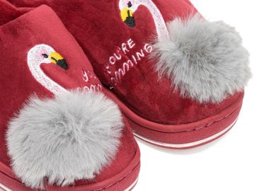 Παντόφλες μπορντό σουέτ με γούνα σχέδιο Flamingo ΜΠΟΡΝΤΟ - Tsoukalas - 